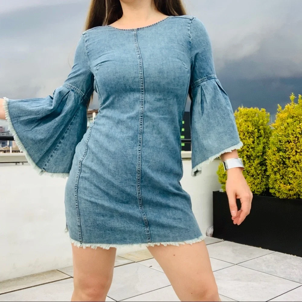 Free People Denim Fringed Raw Hem Flare Backless Dress - Picture 14 of 16